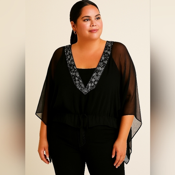 Tall Girl Tops - Collections by Tall Girl Sheer Embellished V Neck Evening Top Black 1X